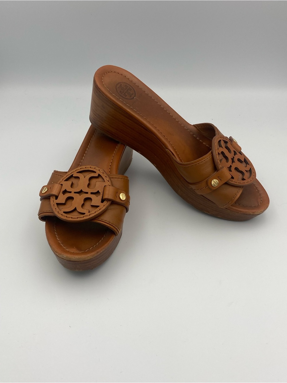 Tory Burch Tan Leather Logo Platform Mules